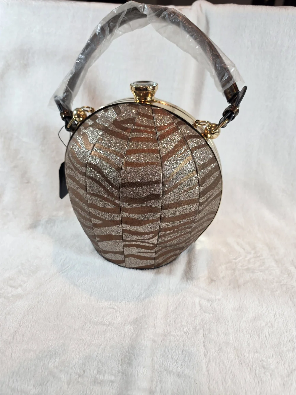 Blue Heaven Womens Zebra Glitter Round Evening Handbag Purse NWT Gold Tone